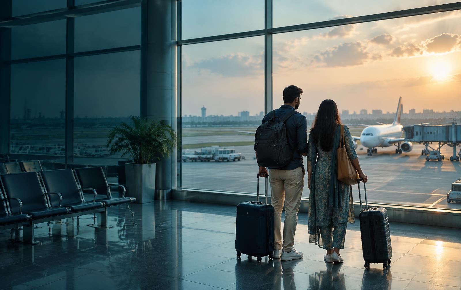 Travelers at an airport looking toward a departing aircraft